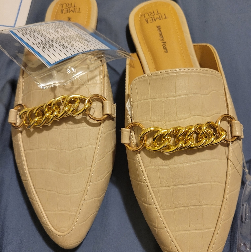 Time and Tru Beige Gold Chain Mules